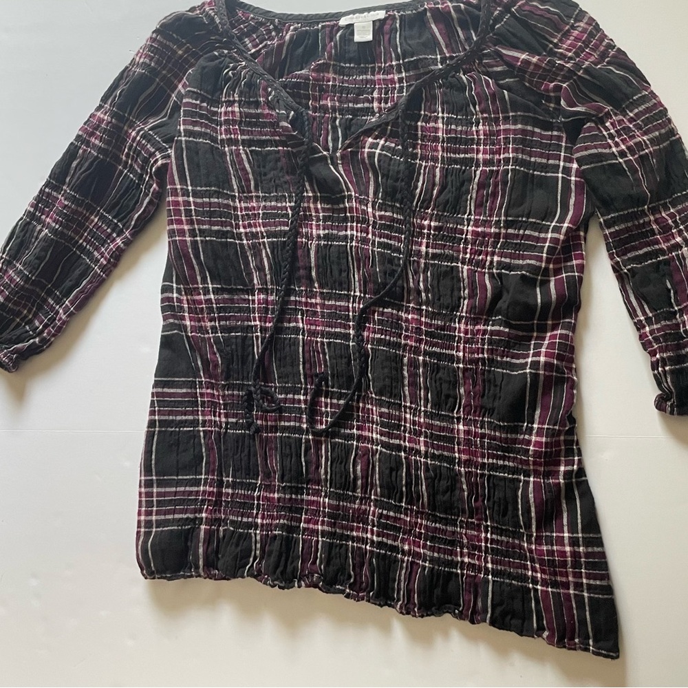 Charter Club Black & Plum Plaid Peasant Blouse